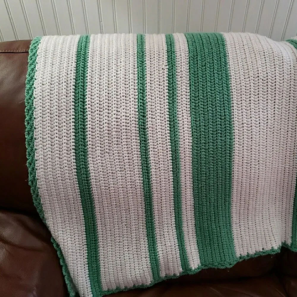 Handmade Crochet Blanket White Green Throw 65x35 Lapghan Knit Gift Cozy Baby